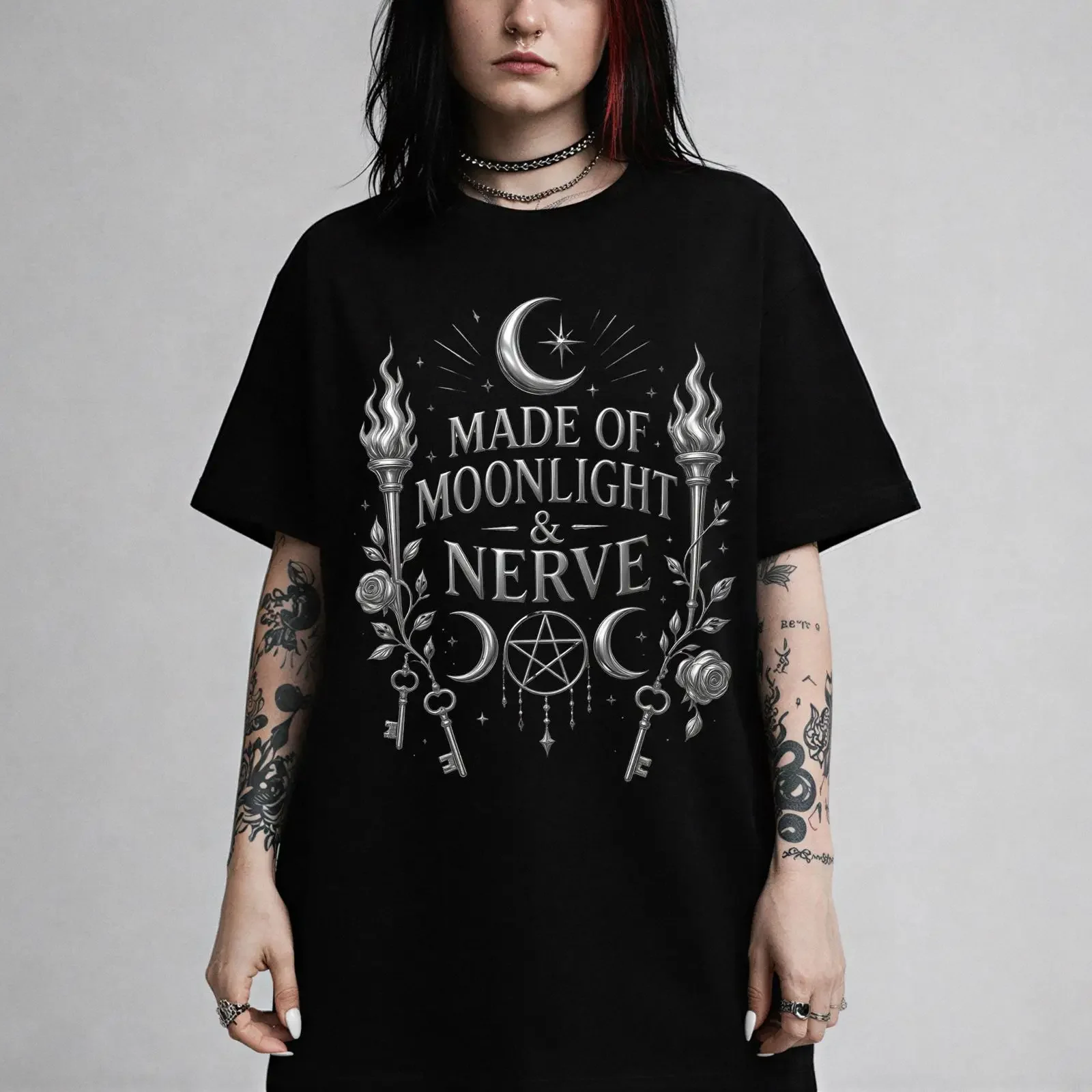 Made of Moonlight and Nerve Triple Moon Goddess Pagan Occult Mystical Whimsigothic Alt T Shirt vintage Washed Stretched fashion