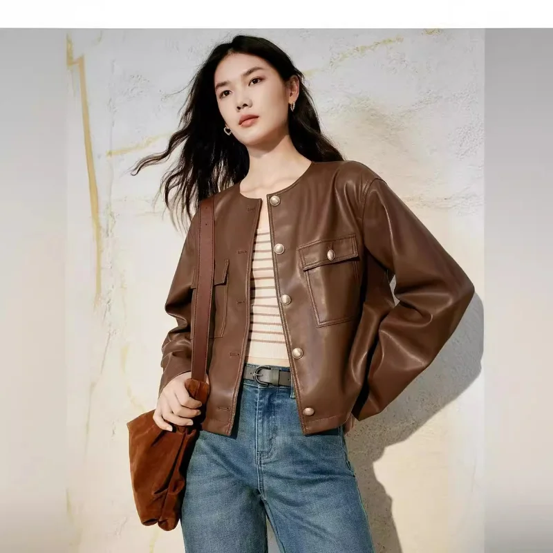 Maillard Brown Leather Jackets for Women 2024 Spring Exquisite Workplace Commuting Coats Round Neck Faux Leather Loose Clothes