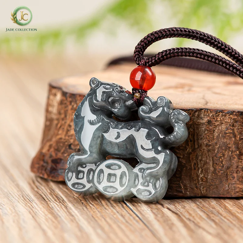 NaturalAJade pendant featuring the zodiac sign Tiger, symbolizing fortune and wealth, made of black jade, suitable for both men