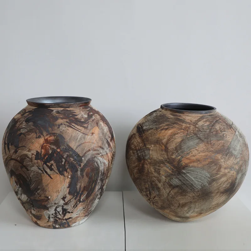 Chinese style wabi-sabi wind ornament, retro dried flower thick ceramic vase countertop entrance, homestay literature and art