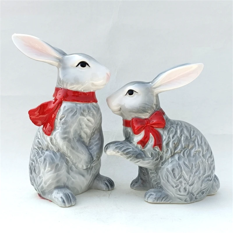 Porcelain Party Rabbit Couple Statue Ceramic Scarf Hare Sculpture Dancing Partner Ornament Lovers Present Home Handcraft Decor