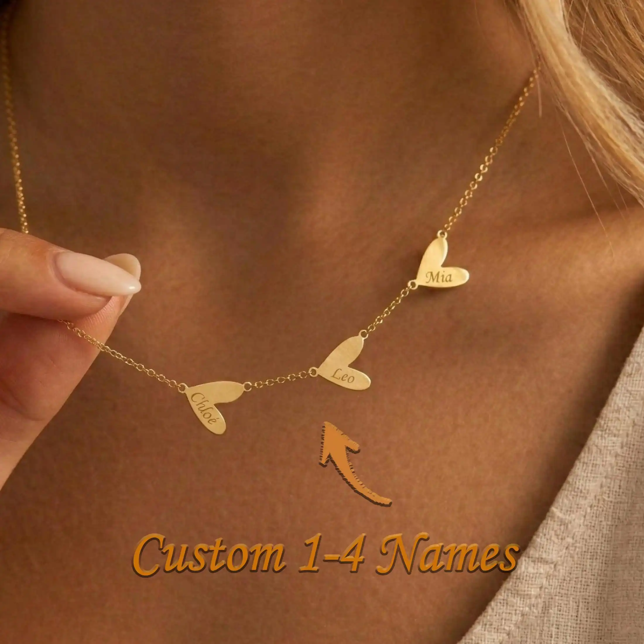 

Custom Heart Necklace Engraved Family Names Necklace Couple Dainty Name Charm Sideways Heart Mothers Days Gift