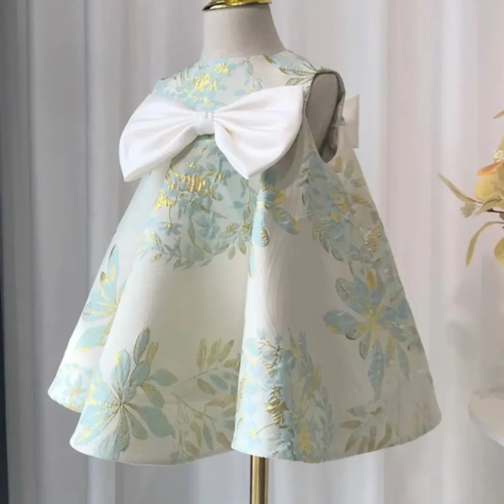 

Детское праздничное свадебное бальное платье для детей 1-6 лет, платье для маленьких девочек, шелковая одежда с цветочной вышивкой для маленьких девочек, белый бант без рукавов