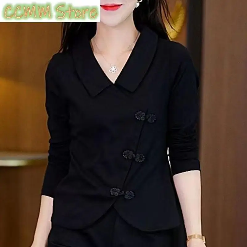 2023 Chinese Style Autumn Long Sleeve T-shirt Women Solid Polo Neck Irregular Button Fashion Simple Ladies Temperament Top