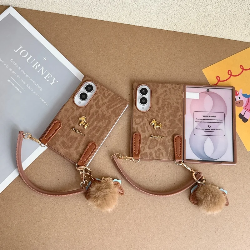 For Samsung Galaxy Z Fold 8 Case Leopard Print Leather Trojan + Pom-pom Silicone Hand Strap Protective Cover