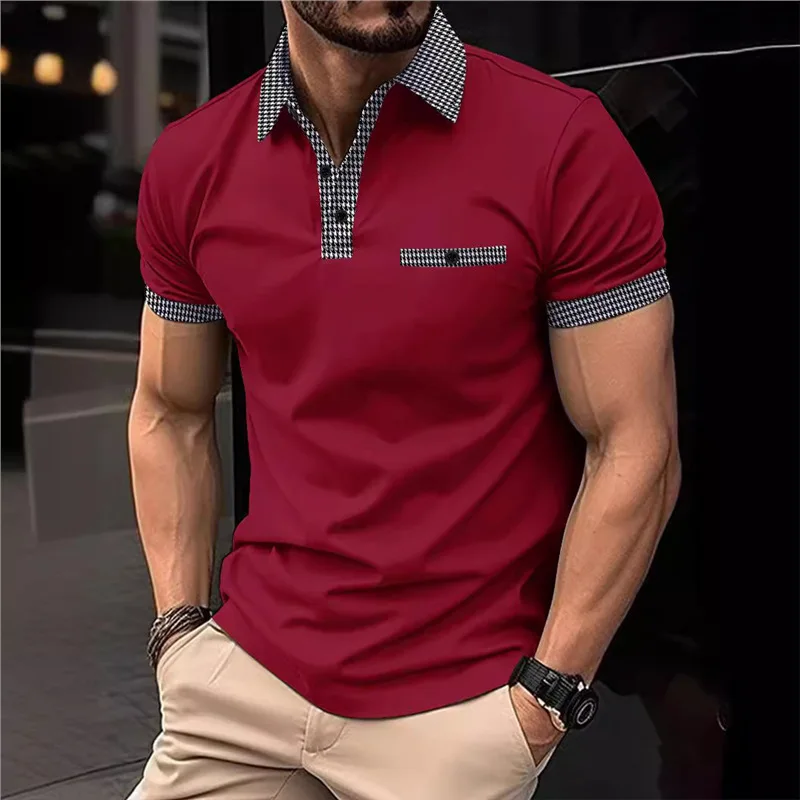 Estate Bussiness Casual Polo uomo Plaid risvolto bottone manica corta moda top Golf T Shirt abbigliamento uomo