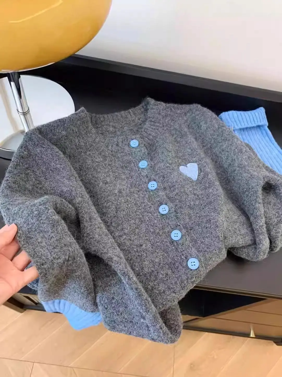 معطف محبوك بلونين متباينين رمادي وأزرق للنساء، تصميم جديد لربيع وخريف، معطف صغير محبوك بأسلوب عتيق يمنح إحساسًا بالانتعاش