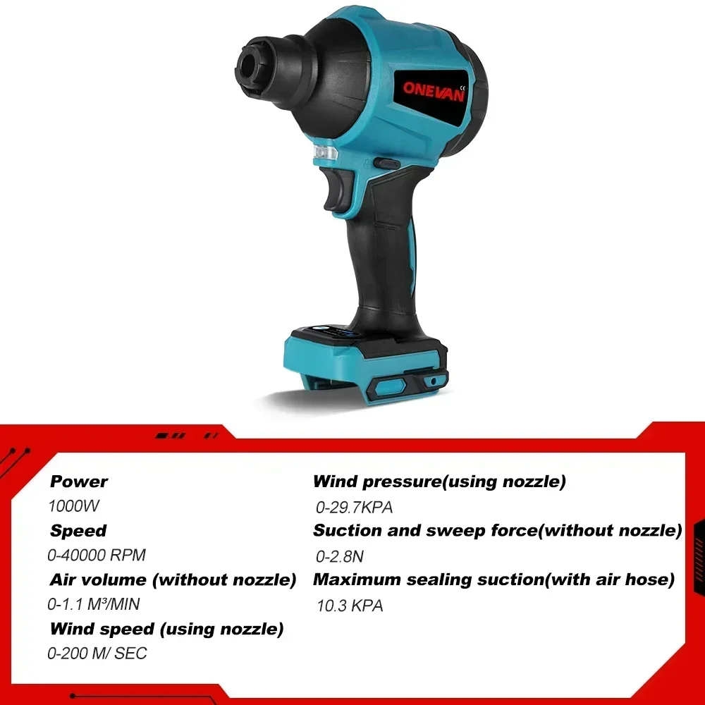 ONEVAN 8in1 40000RPM Cordless Dust Blower Inflator Vacuum Function Multifunction Rechargeable Blower For Makita 18V Battery