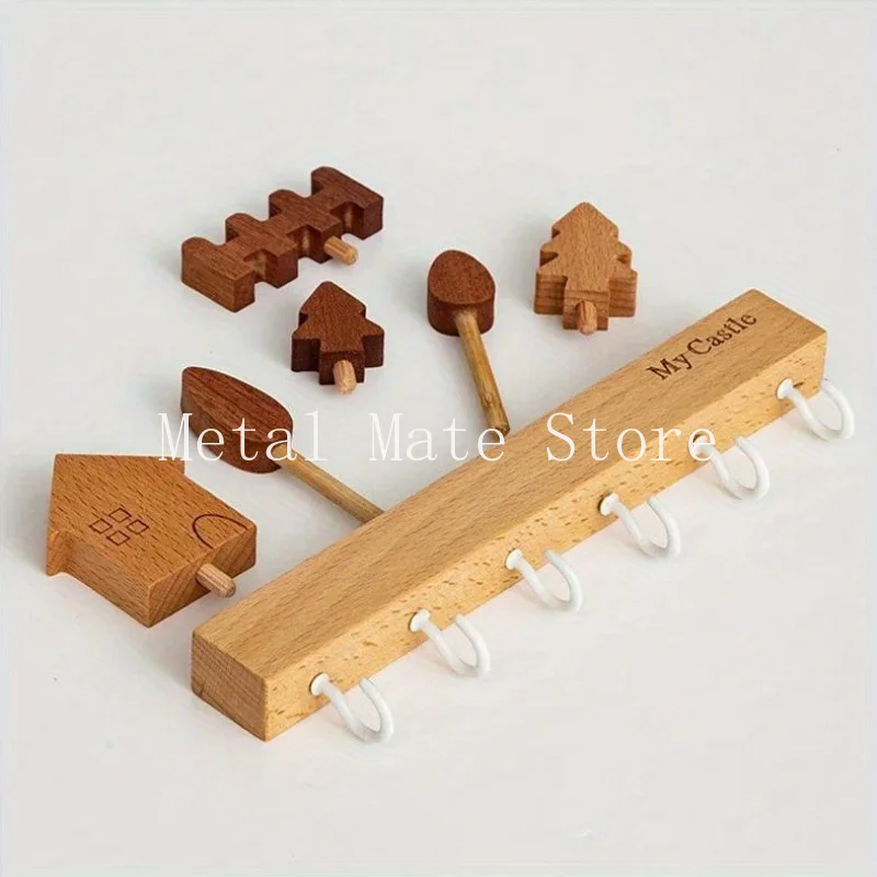 Rustic Wooden Wall-Mounted Key Holder with 6 Hooks 'My Castle' Design Easy Install Wood Finish Key Hanger for Home Decor