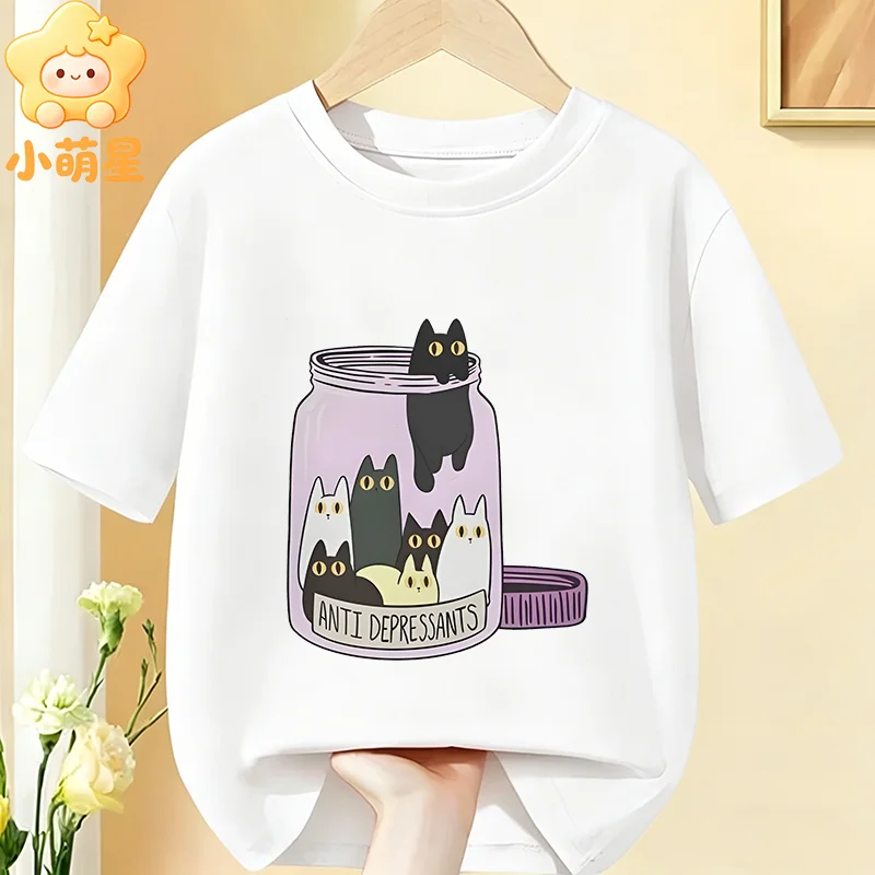 Lustiges T-Shirt mit Katzenmotiv für Kinder, Anti-Depressiva-Cartoon-Kätzchen-Grafik, reine Baumwolle, kurzärmelig, Unisex-Oberteil für Jungen und Mädchen – Detail 3