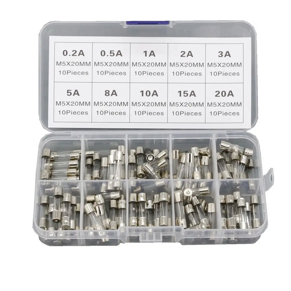 100pcs With Box ​Glass Fuses Quick Blow ​​​​Durable Fuse Assorted Kits Clear 5x20mm Fast-blow ​Glass Tube Fuse Inflator