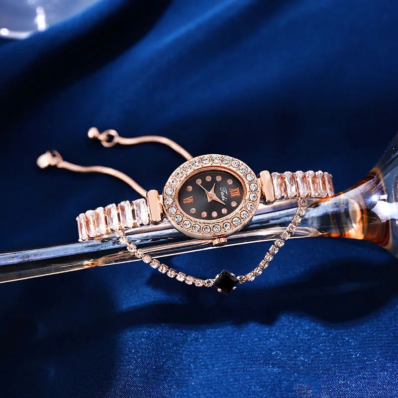 Women's Watch Pull-Out Bracelet Pendant with Fine Strap and Diamond Inlaid Oval Shape Women's Watch