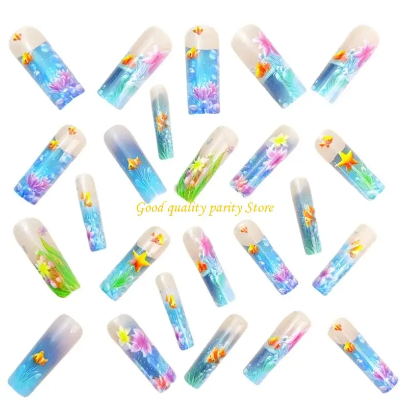 M4YA 24 Stück Langquadrat künstlicher Nagel Frosted Clownfish Französisch Glitzer Abs Party Nagel