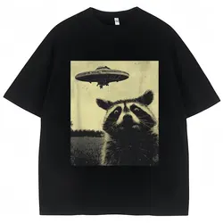Raccoon Selfie UFO Funny Print T Shirt Men Women Novelty T Shirts 100% Cotton Oversized Casual Summer O-Neck T-shirts Streetwear