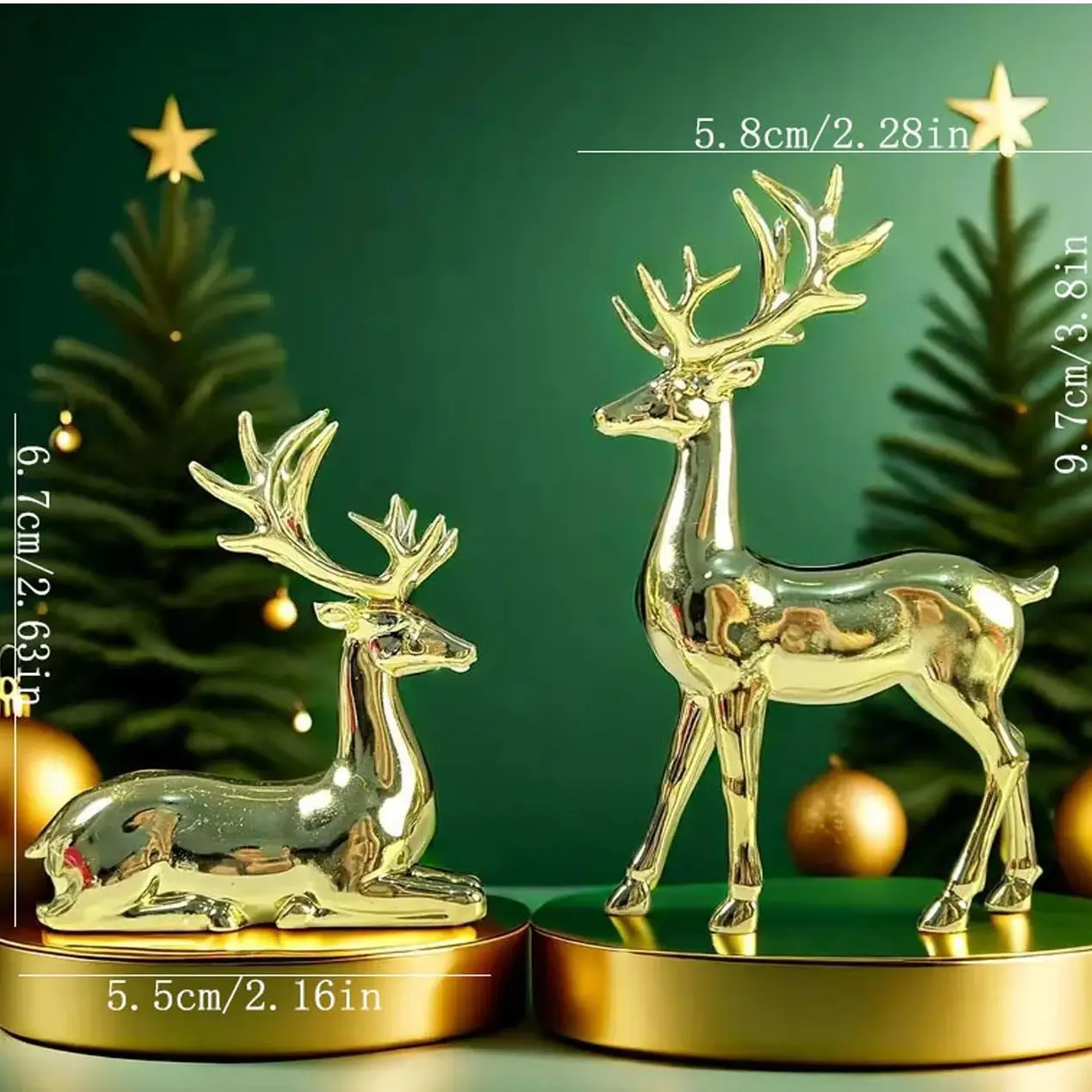 2-piece gold-plated reindeer ornament set, standing and lying desktop ornaments, Christmas home decoration