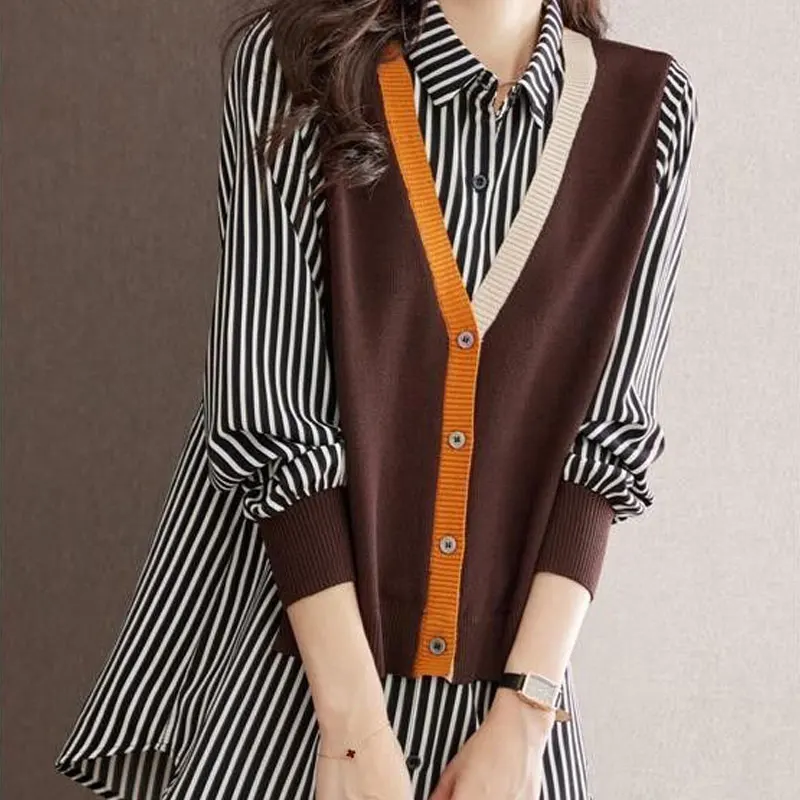 Streetwear Loose Turn-down Collar Striped Blouse Women\'s Clothing Fake Two Pieces Spring Autumn Patchwork Single-breasted Shirt