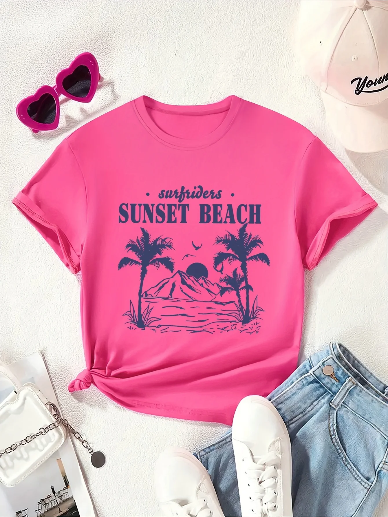 TD5178 Girls T-shirt, Sunset Beach Print Creative Tee, Soft Stretch Round Neck Short Sleeve Kids Summer Casual Tee Tops