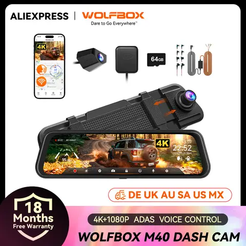 Câmera Veicular WOLFBOX M40 4K+1080P com Controle por Voz, ADAS Integrado, Wi-Fi 5GHz e GPS, Gravador de Vídeo Frontal e Traseiro