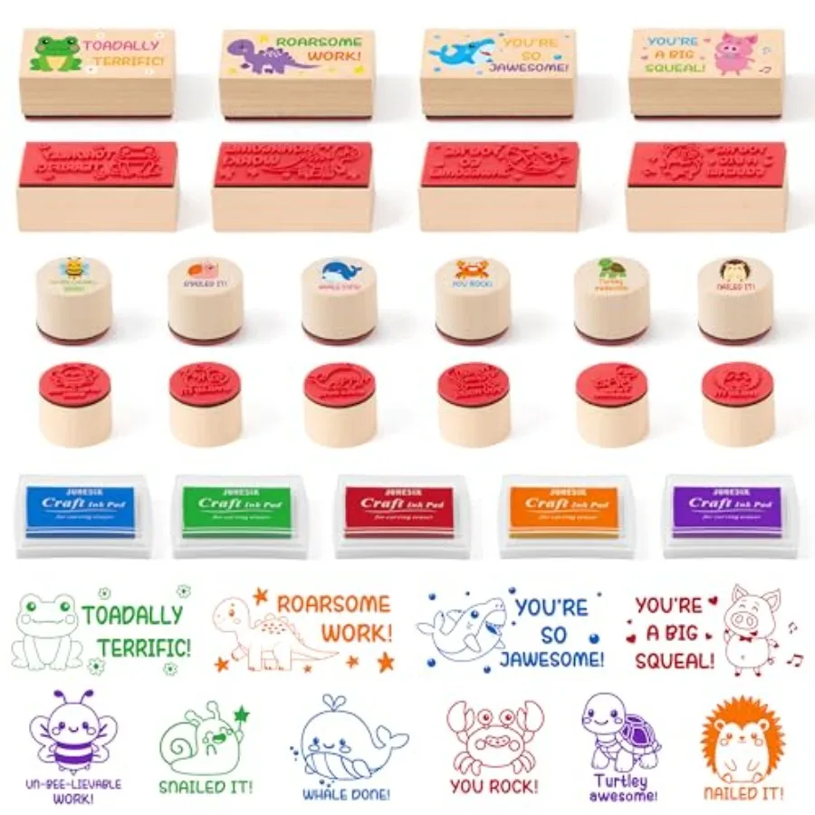 15Pcs Wooden Rubber Stamps Set Cute Animal Encouraging Messages Stamps Ink Pads Teaching Print for Classroom Grading Homework T