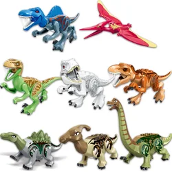 8Pcs Locking Jurassic Dinosaurs Set  Tyrannosaurus Rex Spinosaurus Velociraptor Stegosaurus Building Block For Children