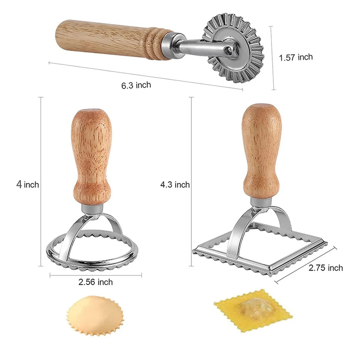 3Pcs Ravioli Stamp Maker Cutter with Roller Wheel Set,Mold with Wooden Handle for Pasta,Dumplings Lasagna,Pies