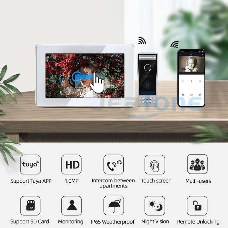 Jeatone 7 Zoll Wifi Video Tür Telefon Gegensprechanlage Türklingel drahtloses Hausa larm system Tuya Smart Home für Tür kamera Steuerungs system