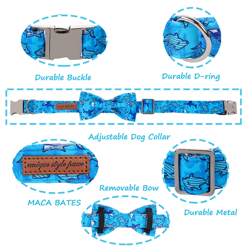 Personalized Summer Dog Collar with Bowtie Shark Blue Dog Collar Adjustable Puppy Dog Collar for Large Medium Small Dog