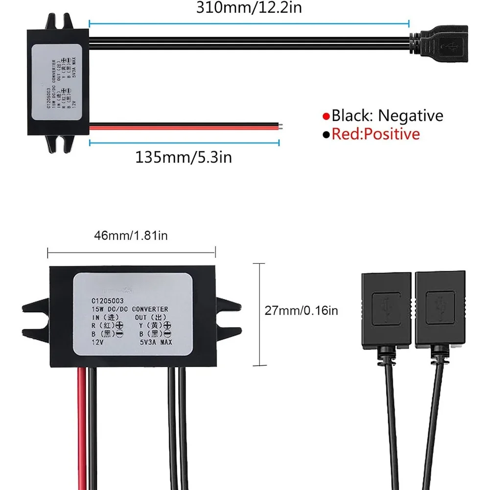 Efficient 12V To 5V 3A Car DC Converter Dual Port Step Down Module Waterproof Enclosure For Truck Van Bus Electronic Accessory