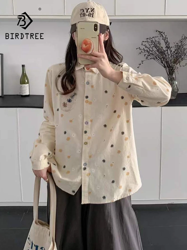 New 2025 Winter Cotton Long Sleeve Brushed Shirt, Women Lapel Knit Pocket Patchwork, Mori Girl OL Commute Loose Blouse T5D422CC