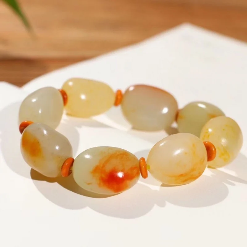 Natural Genuine Xinjiang Hetian Pebble Rough Stone Red Leather Plain Boiled Pork White Jade Bracelet