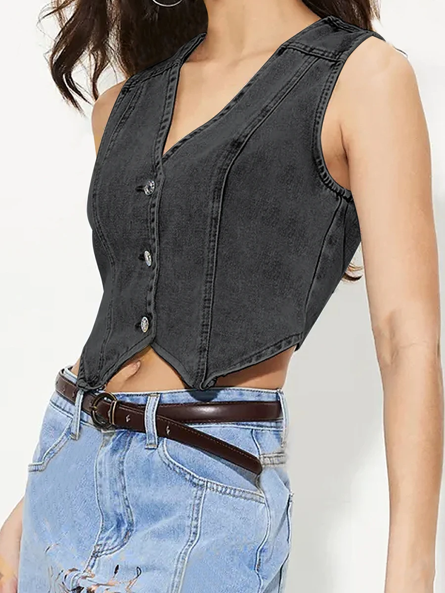 Women Denim Vest Sleeveless V Neck Button Vest Solid Outwear Gilet for Casual Street