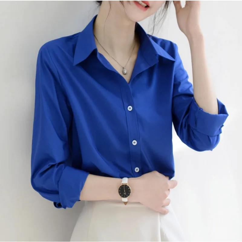 Women Lapel Satin Blouse Single Breasted Long Sleeve Loose Royal Commuter Daily Chic Shirts Tops