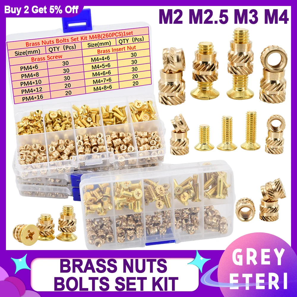 

M2 M2.5 M3 M4 Copper Phillips Cross Countersunk Insert Screws Brass Hot Melt Knurled Threaded Insert Nut Bolt Assortment Set Kit