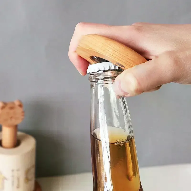 1 PCS Round Wooden Beer Bottle Opener With Magnetic Fridge Magnet, Wedding Gift Creative Gift