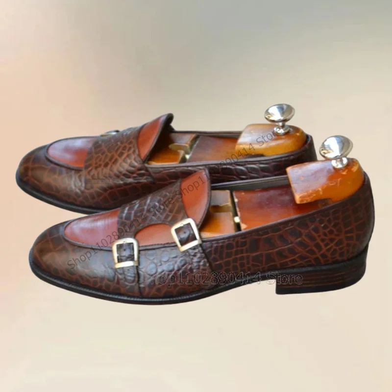 

Brown Alligator Print Buckle Decor Double Monk Loafers Fashion Slip On Men Shoes Luxury Handmade Party Banquet Men Casual Shoes