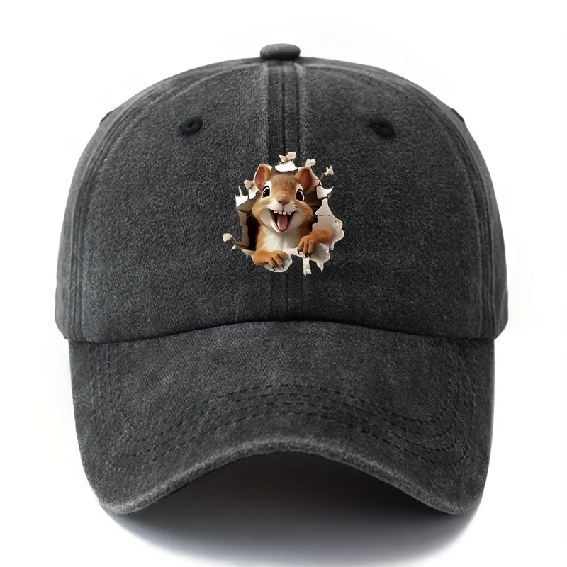 Cartoon squirrel print retro washed lightweight curved brim hat suitable for outdoor vacation, travel, camping truck driver hat