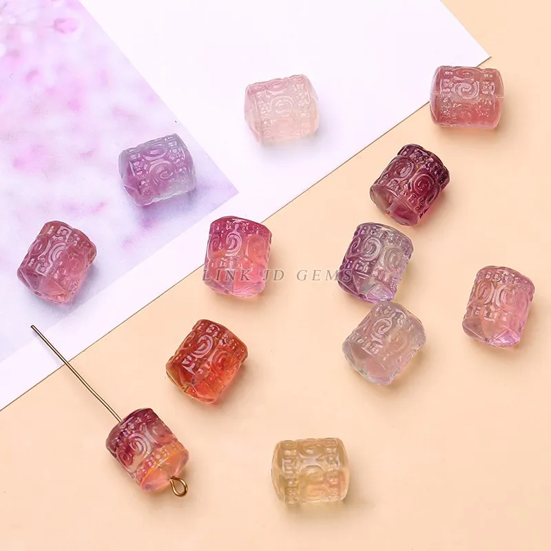 10 Pcs/lot Natural Fluorite Patterned Cylindrical Shape Carved Bead With Hole Pendant For Jewelry Making Diy Necklace Bracelet