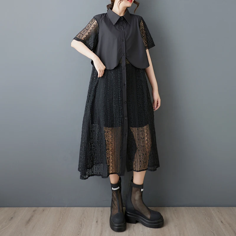 Verão novo solto faion design artístico renda emenda irt dr ele aosphere fibra de poliéster a linha midi dr