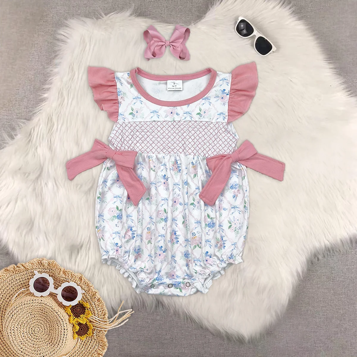 

Embroidery Baby Infant Girls Pink Flutter Sleeves Floral Bows Top Ruffle Rompers