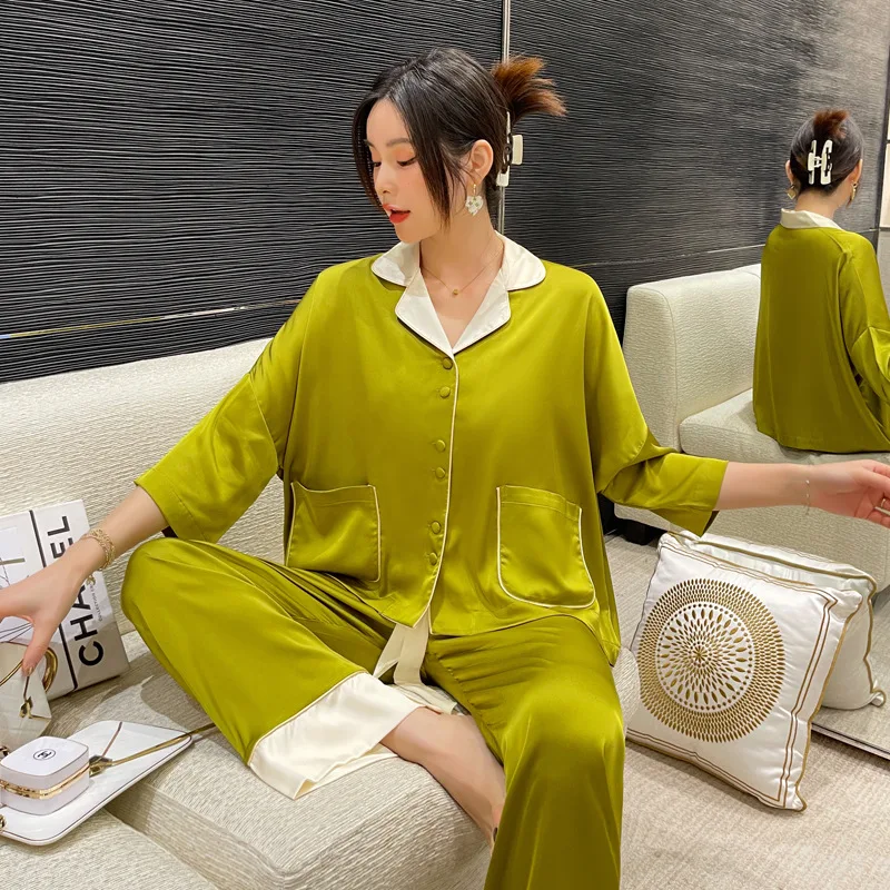 Solid Color Splicing Sleep Set Pajamas Lapel Sleepwear 2Pcs Shirt Pant Home Wear Casual Home Clothes Pj Suit Nuisette Femme