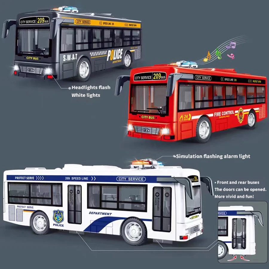 1pcs- Children Inertial Pull Back Police Car Model Bus Vehicle Model with Light Collection Toy Car for Boys Girls Kids Birthday