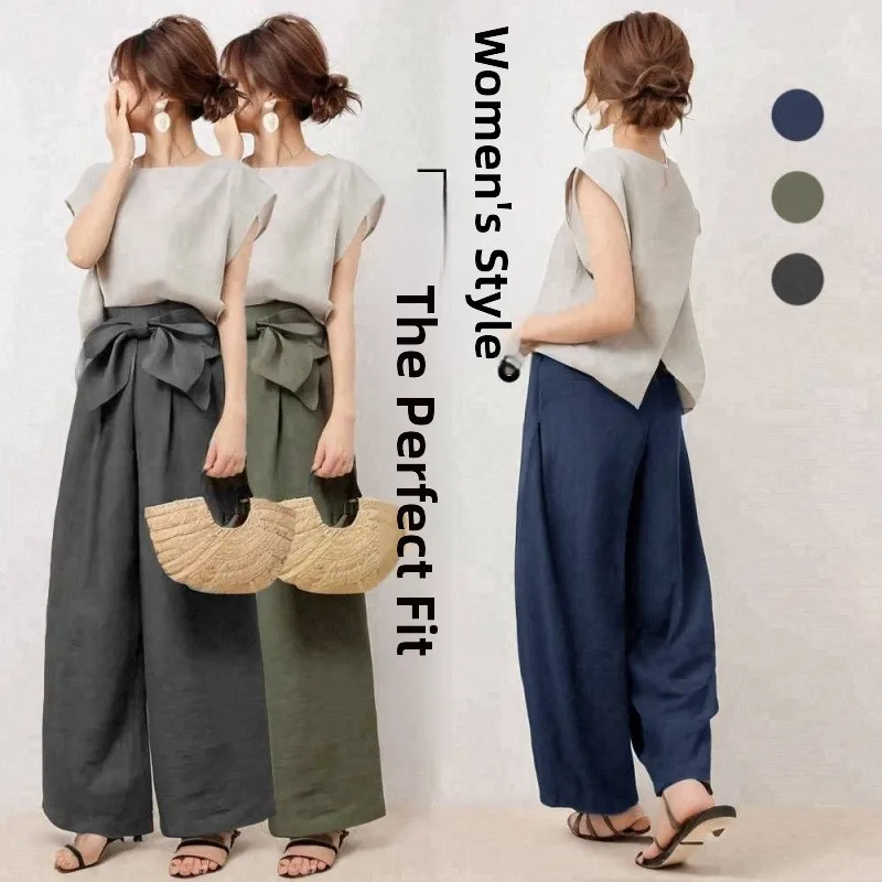 Conjunto de Dos Piezas para Mujer Joven: Top de Verano de Algodón y Lino con Manga Corta, Cuello Redondo y Abertura Trasera con Lazo en la Cintura y Pantalones Anchos