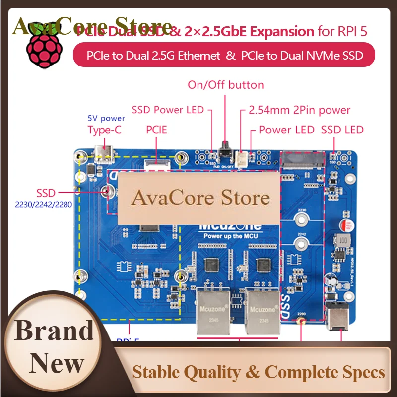 AvaCore(Model: MPSD2.5GD) Raspberry Pi 5 PCIe To Dual SSD And Dual 2.5G Ethernet Expansion Board, BOOTS Without Driver Required