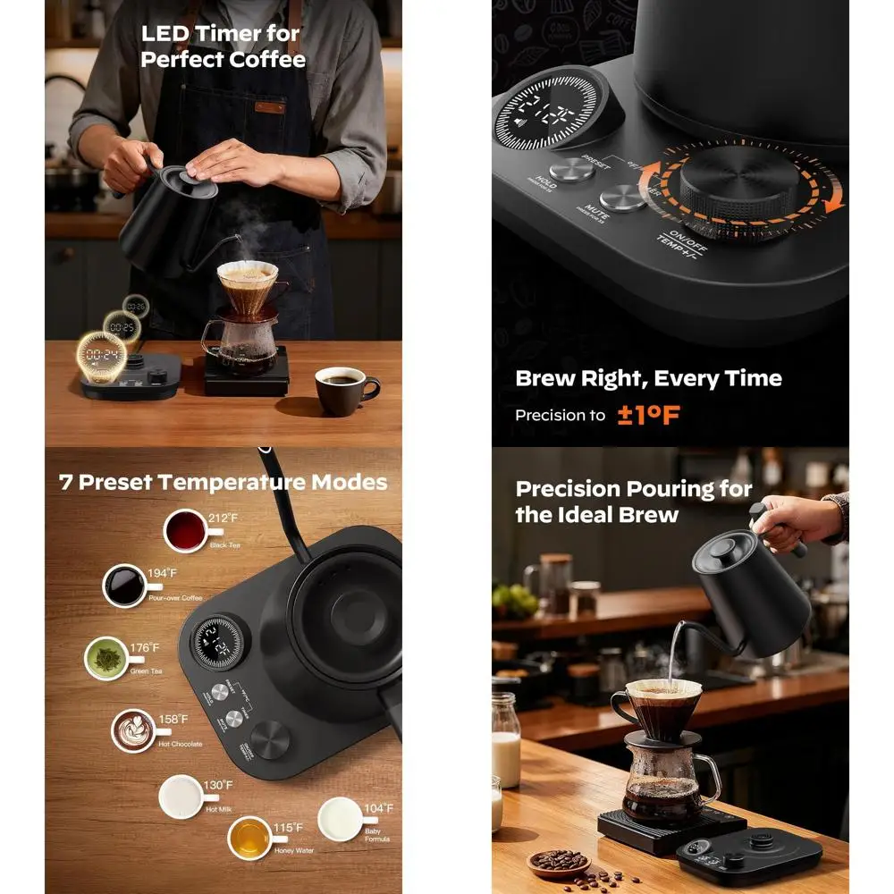 

Электрический чайник с точной регулировкой температуры: 7 настроек, 1 ° F Control, 4 часа тепла, LED-таймер, 1200 Вт, 0,9 л