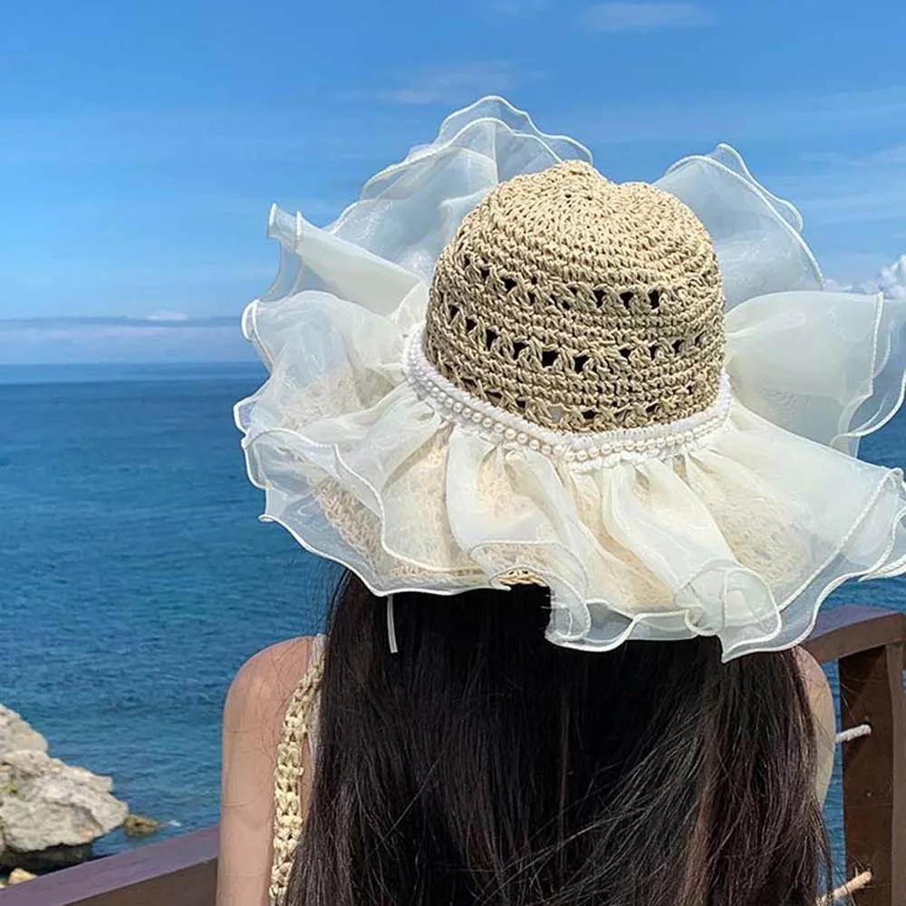 

Beige Portable Lace Pearls Sun Cap Hollow Out Polyester Straw Weaving Beach Hat Lightweight Soft Big Brimmed Woven Cap Seaside