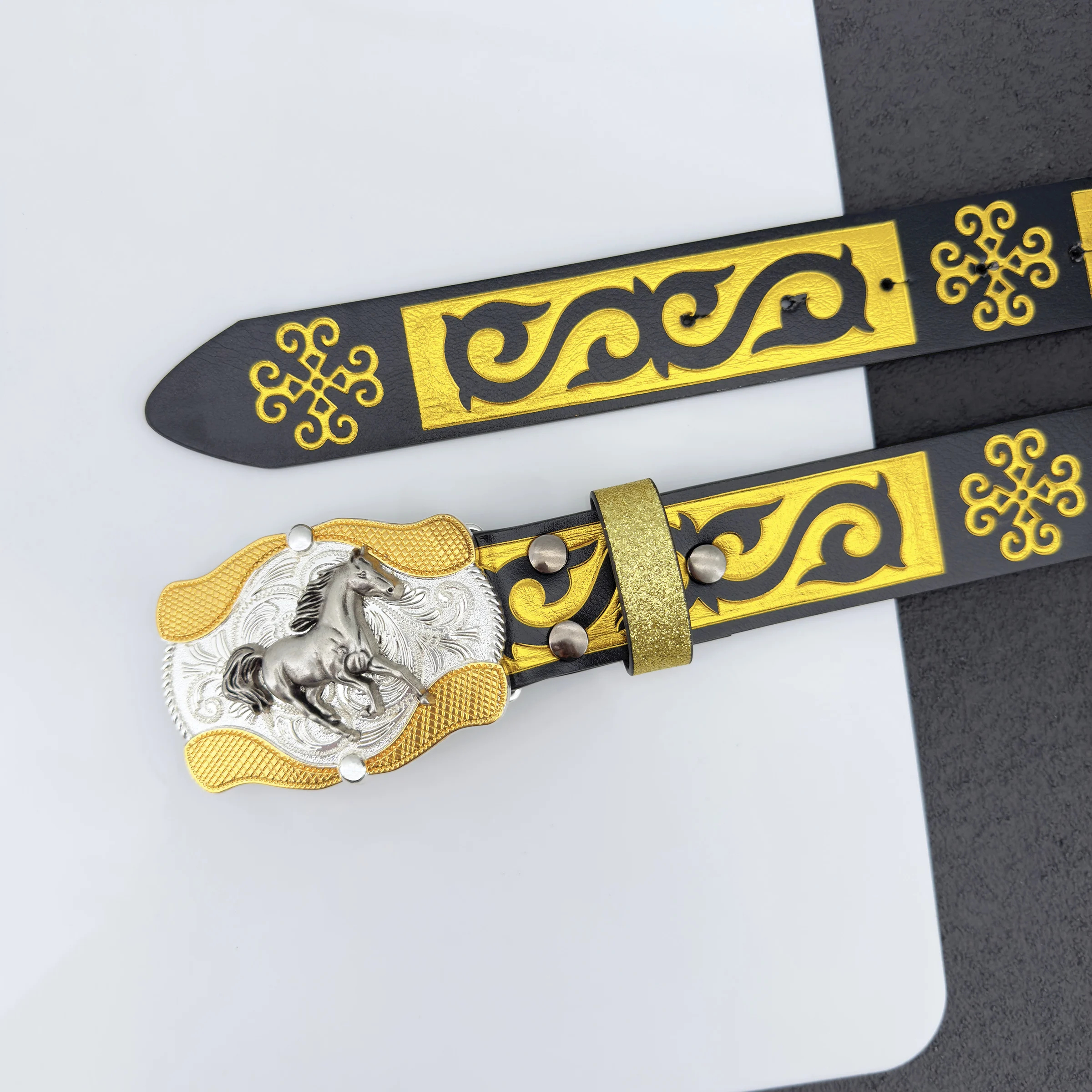 1 Piece of Western Denim Punk Two-Color Plate Buckle Belt Hot Stamping Embossed High-End Party Business Daily Wear Belt