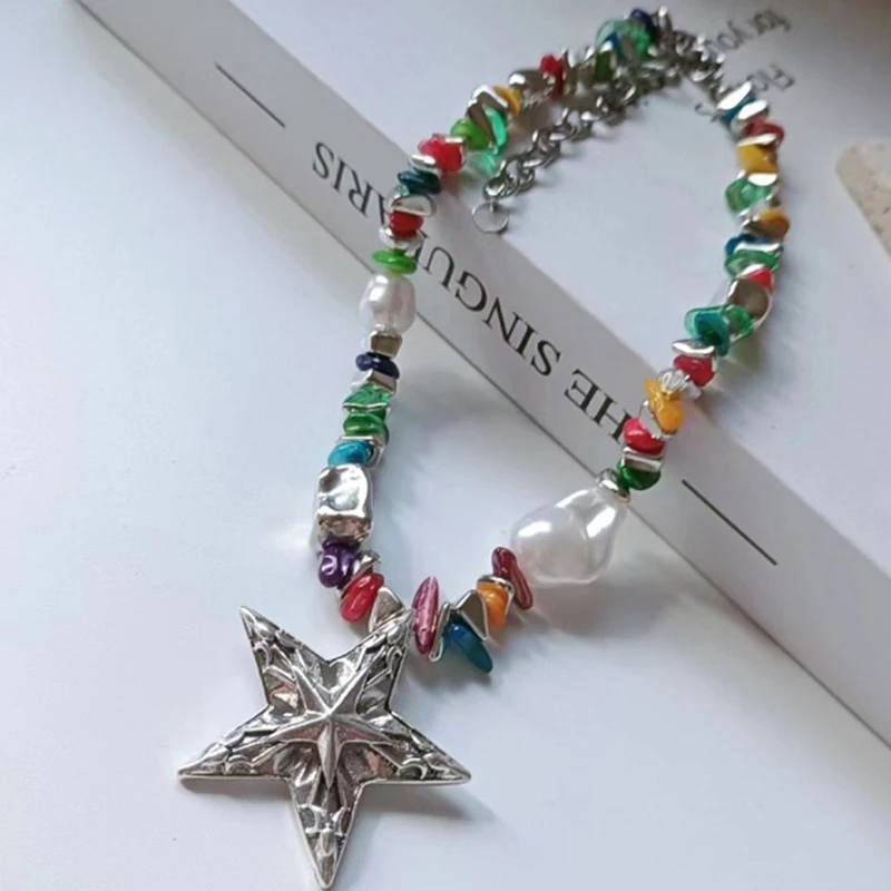 Multi Colors Large Metal Star Necklace For Women Fashion Jewelry Irregular Glass Acrylic Beads Party Holiday Accessories C1411