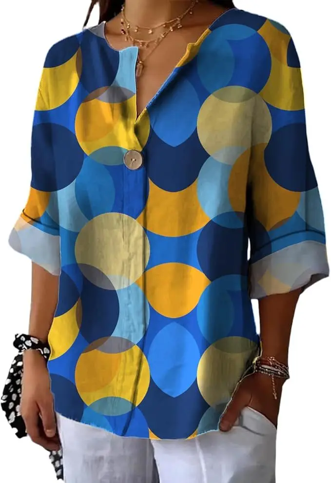 

Womens Boho Cotton Linen Print Tops Trendy Summer V Neck Rolled 3/4 Sleeve Loose Fit Blouses for Beach Holiday