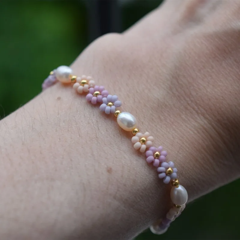 Bohemian style Handmade Rice bead flower bracelet , Niche design, imported from Japan Miyuki rice bead pearl Women's bracelet
