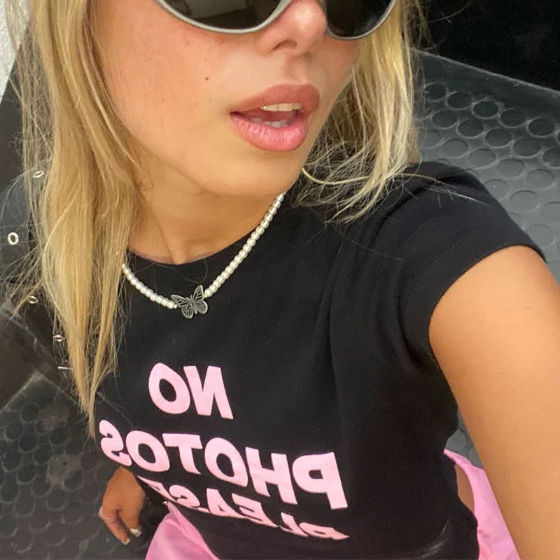 Sexy Women\'s T-shirt Harajuku Y2K Sweet Girl Slim Fit Open Navel Fashion Letter Pattern Clothes